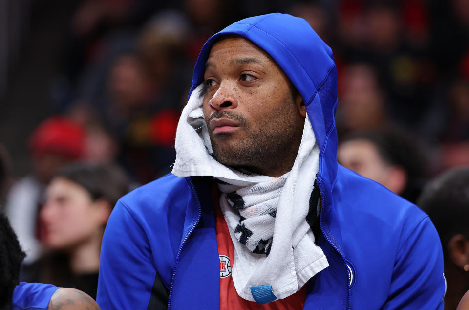 ATLANTA, GEORGIA - FEBRUARY 05:  P.J. Tucker #17 of the LA Clippers looks on from the bench against the Atlanta Hawks during the second quarter at State Farm Arena on February 05, 2024 in Atlanta, Georgia.  NOTE TO USER: User expressly acknowledges and agrees that, by downloading and/or using this photograph, user is consenting to the terms and conditions of the Getty Images License Agreement.  (Photo by Kevin C. Cox/Getty Images)