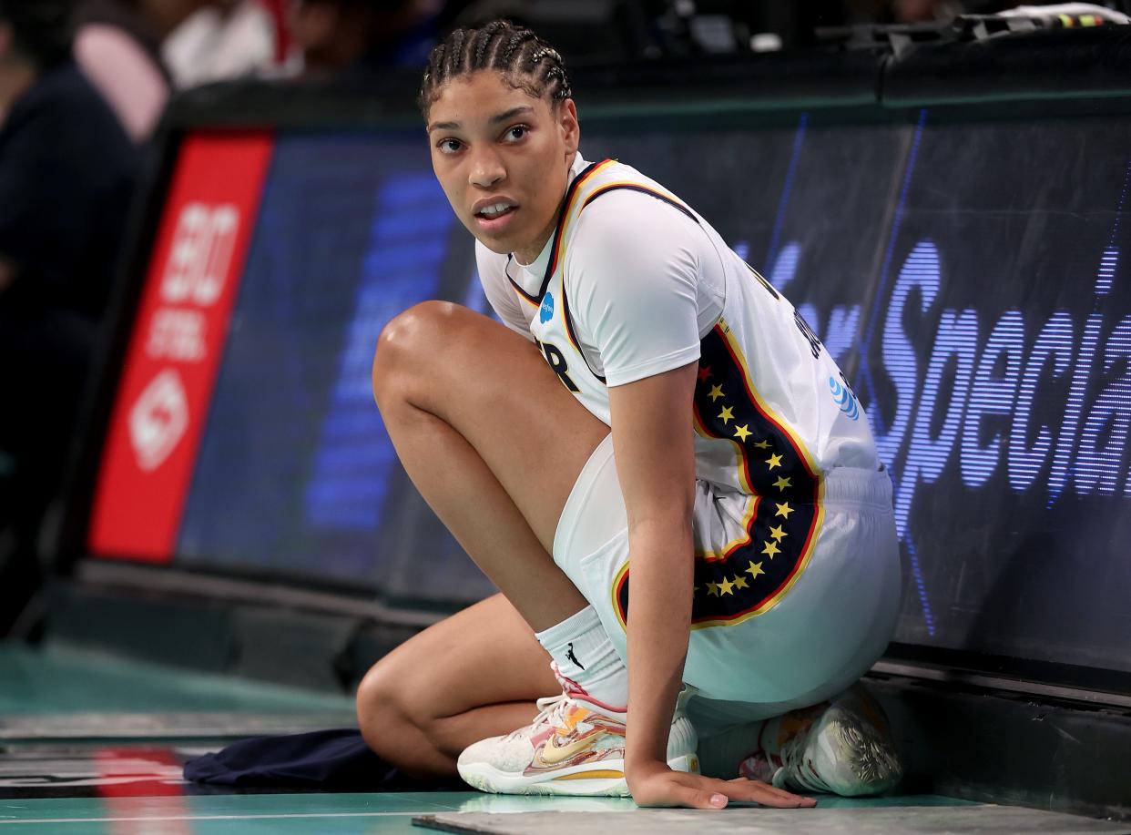 NEW YORK, NEW YORK - MAY 21: Victaria Saxton #5 of the Indiana Fever waits to enter the game in the fourth quarter against the New York Liberty at Barclays Center on May 21, 2023 in the Brooklyn borough of New York City. The New York Liberty defeated the Indiana Fever 90-73.