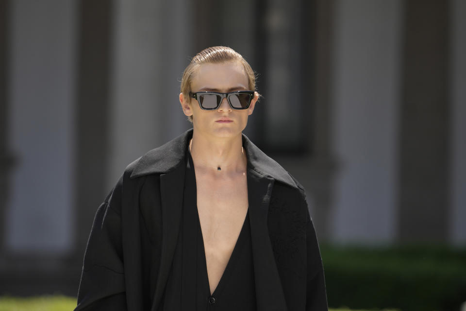 A model wears a creation as part of the Valentino men's Spring Summer 2024 collection presented in Milan, Italy, Friday, June 16, 2023. (AP Photo/Luca Bruno)