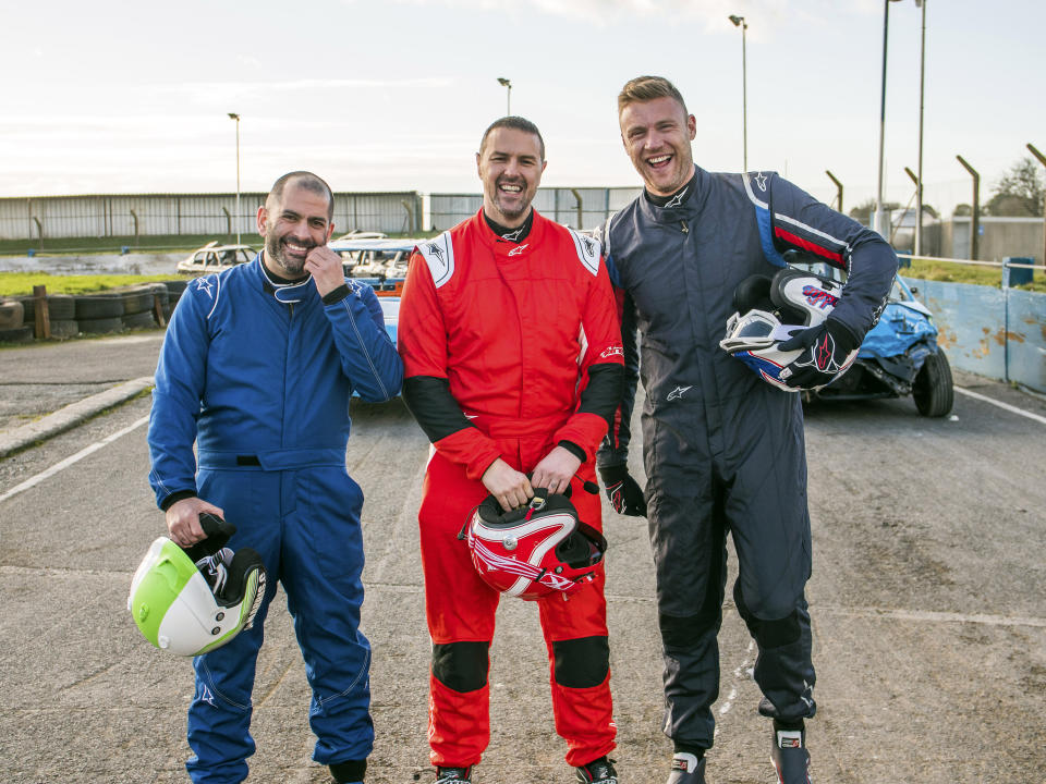 This photo provided by BBC America shows hosts Chris Harris, from left to right, Paddy McGuinness and Freddie Flintoff from the network's series "Top Gear." (Lee Brimble/BBC Studios via AP)