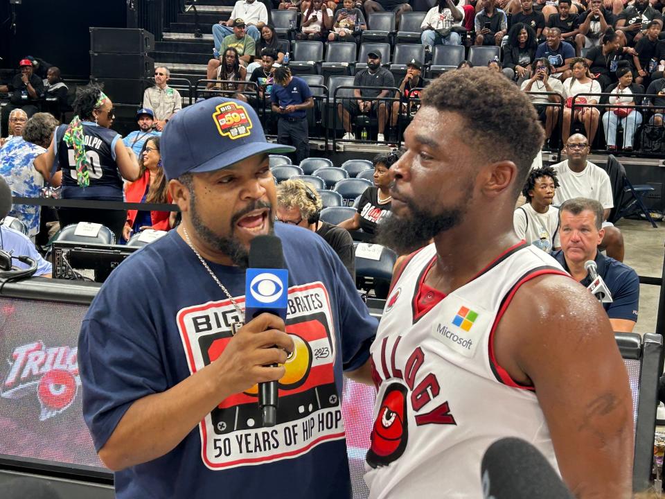 Rapper and actor Ice Cube interviews Ryan Carter, also known as "Hezi God," after a Big3 game at FedExForum in Memphis on July 15, 2023.