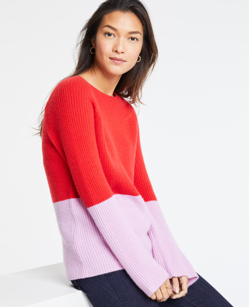 Ann Taylor Cashmere Colorblock Ribbed Crew Neck Sweater