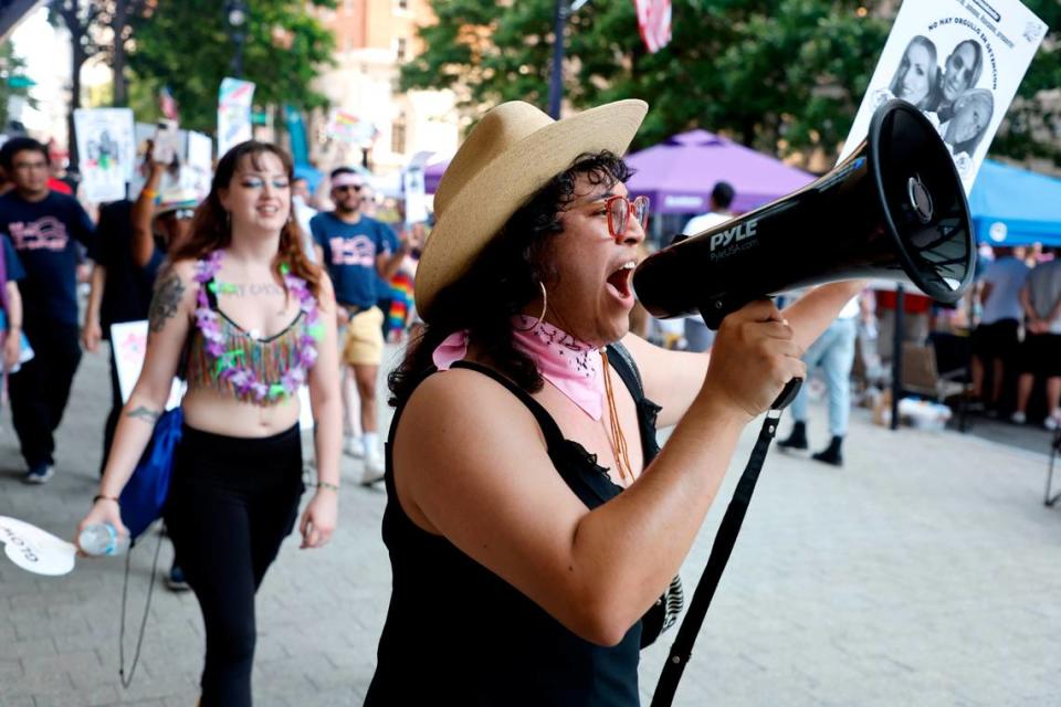 Sol Jiménez Palacios, 26, of Durham leads a march in downtown Raleigh, N.C., Saturday June 25, 2022, to protest House Bill 755, the “Parents’ Bill of Rights,” and bring awareness to the conditions trans immigrants face in detention.