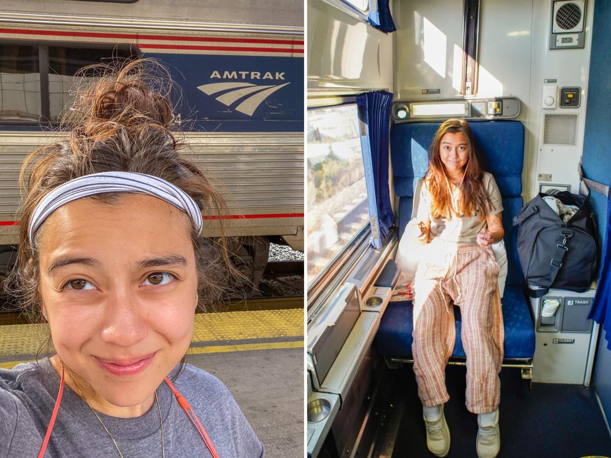 Left: the author takes a selfie in front of the Amtrak train. Right: the author sits in the Roomette with a window on the left