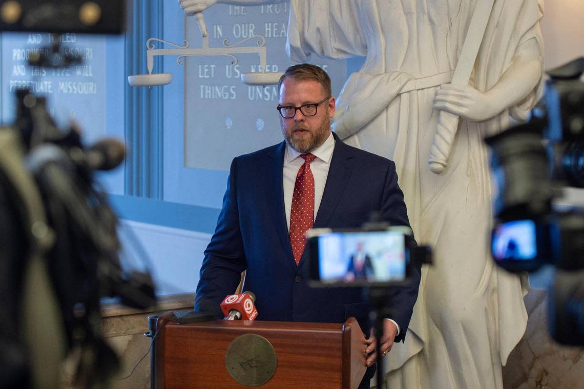 Clay County Prosecuting Attorney Zachary Thompson holds a press conference at the old Liberty Courthouse on Tuesday, Feb. 14, 2023, in Liberty, Mo. Thompson announced the nine felony charges by way of grand jury indictment in the case of Timothy M. Haslett Jr., a 40-year-old Excelsior Springs man accused of keeping a 22-year-old woman captive in his basement for weeks.