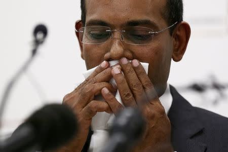 Former president of the Maldives, Mohamed Nasheed, reacts during a news conference in central London, Britain January 25, 2016. REUTERS/Stefan Wermuth