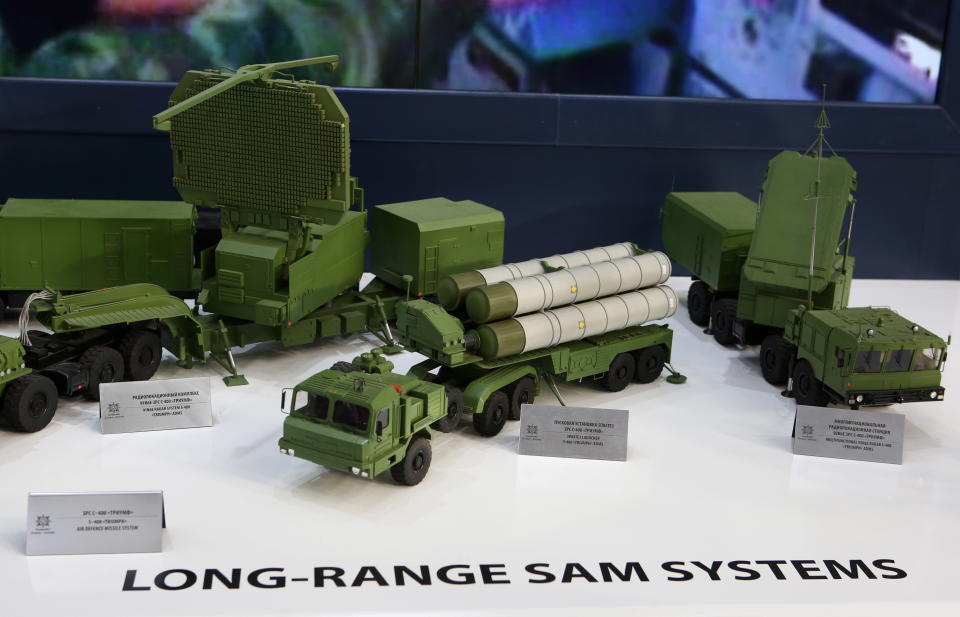 BENGALURU, INDIA - FEBRUARY 20, 2019: Models of components of the S-400 Triumph air defence missile system (left: 91N6E radar system; centre: SP8STE3 launcher; right: multifunctional 92N6E radar) on display at the Almaz-Antey Corporation stand at the 12th edition of Aero India Show, Aero India 2019, at the Yelahanka Air Force Station in Bengaluru (Bangalore), Karnataka, India. Marina Lystseva/TASS (Photo by Marina Lystseva\TASS via Getty Images)