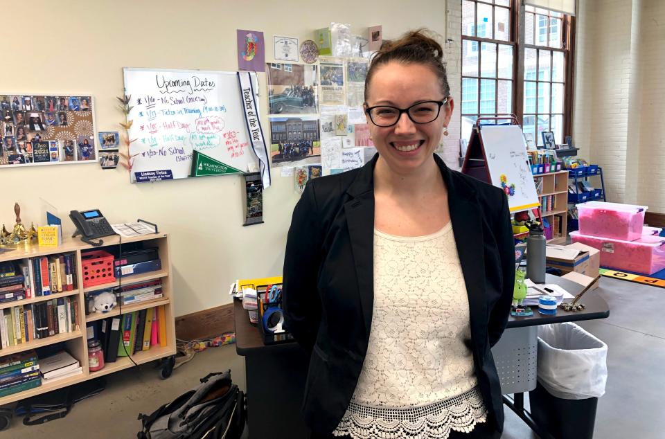 Lindsay Tietze, a K-12 Teacher Academy instructor at Howard High School of Technology and 2017-18 New Castle County Vo-Tech Teacher of the Year, poses in her classroom in Wilmington on Feb. 7, 2023.