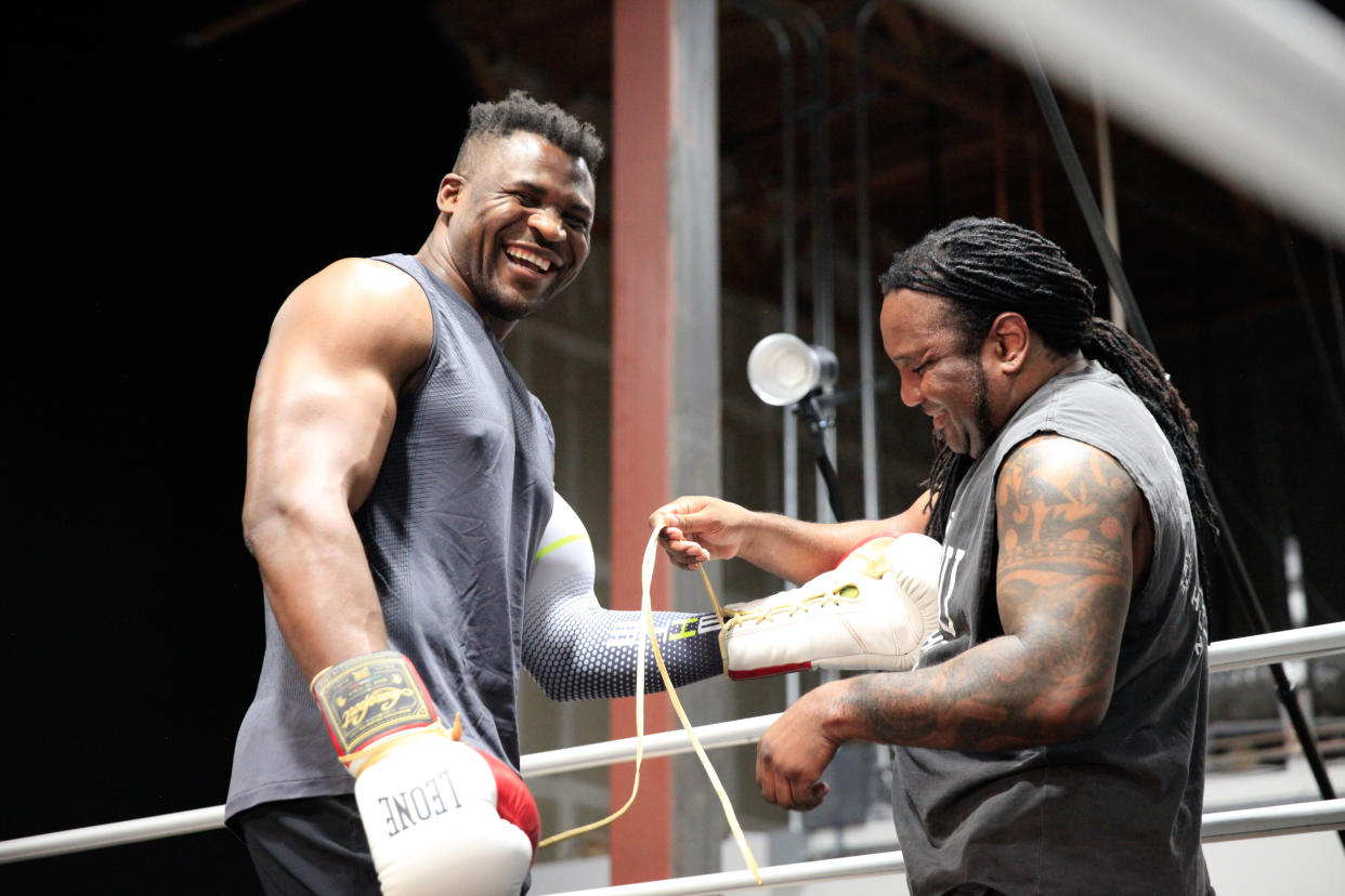 LAS VEGAS, NV - SEPTEMBER 26: Francis Ngannou trains with coach Dewey Cooper at the Tyson Fury vs. Francis Ngannou open workout on September 26, 2023, at Ngannou's private gym in Las Vegas, NV. (Photo by Amy Kaplan/Icon Sportswire via Getty Images)