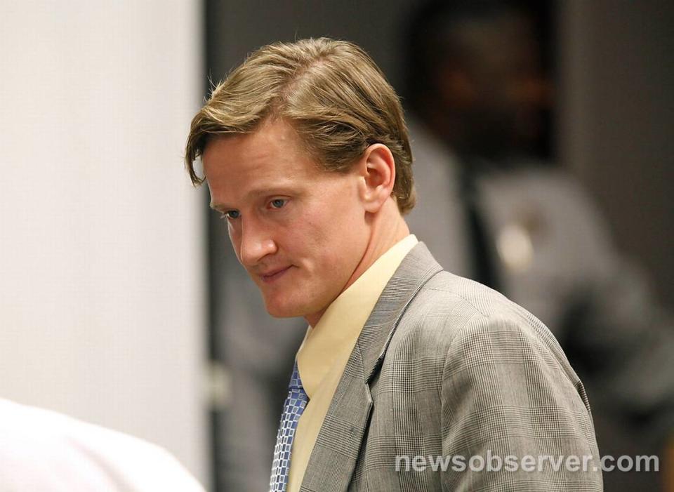 Jason Young during a recess in his retrial on February 16, 2012. Young is accused of murdering his wife Michelle. Michelle was several months pregnant when her sister found her body on November 3, 2006, in the master bedroom of the family’s suburban Wake County home. In June, Superior Court Judge Donald Stephens declared a mistrial after a hung jury failed to reach a verdict. Photo by Shawn Rocco/The News & Observer/Pool