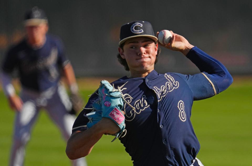 Casteel pitcher Mason Russell (8) pitches against Liberty during the Boras Classic Baseball Tournament at Corona Del Sol in Tempe on March 13, 2024.
