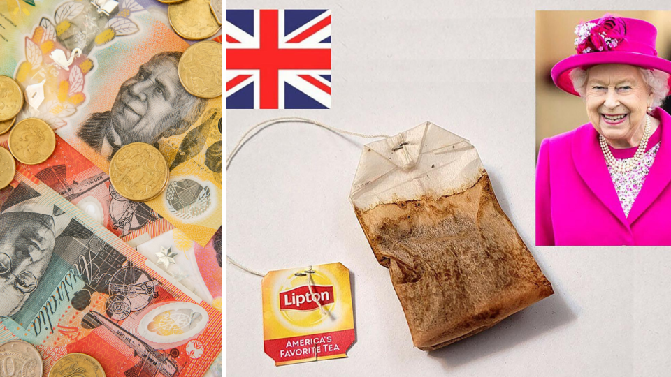 A composite image of Australian currency and an image of the listing selling the teabag used by The Queen.