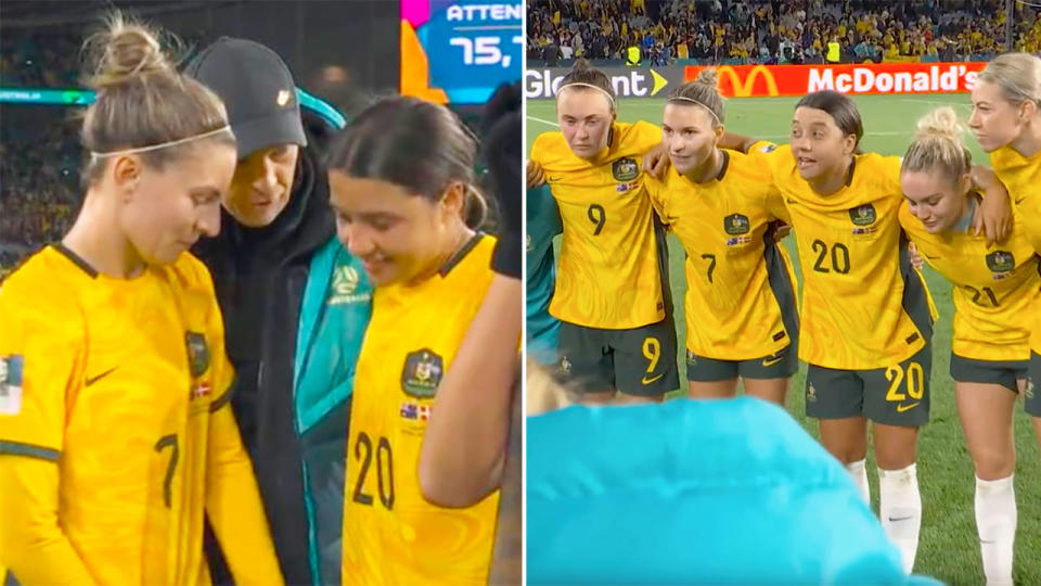 Pictured right, Sam Kerr addresses Australia's players in a post-match huddle. 