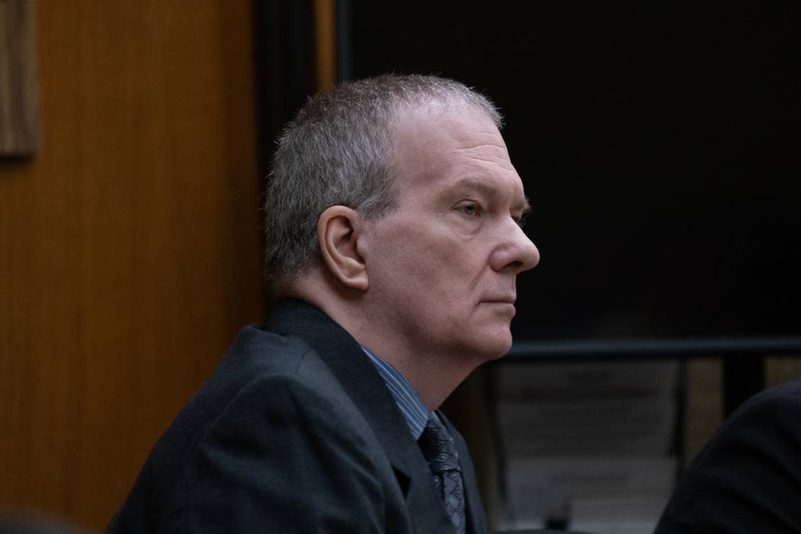 Stephen Arthur Deflaun, 63, sits in the first day of the murder trial against him in San Luis Obispo Superior Court on March 27, 2023. He is accused of killing a man and child at Morro Strand State Beach on July 8, 2001.