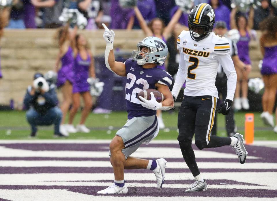Kansas State Wildcats running back Deuce Vaughn (22) celebrates a touchdown during the fourth quarter against the Missouri Tigers at Bill Snyder Family Football Stadium on Sept. 10, 2022.