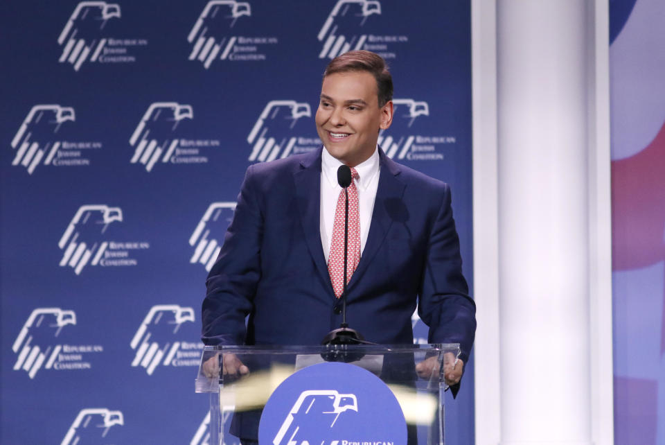 Representative-elect George Santos, a Republican from New York, speaks during the Republican Jewish Coalition / Credit: Ronda Churchill/Bloomberg via Getty Images