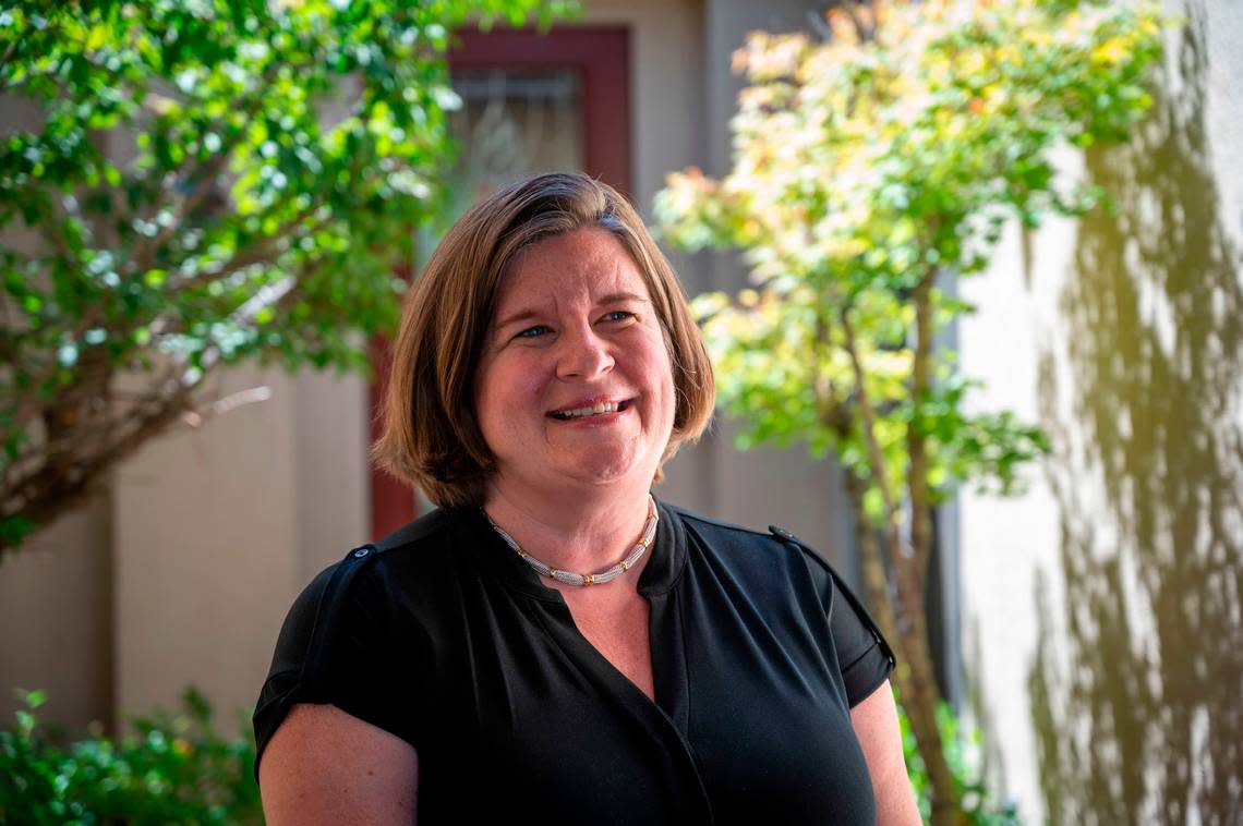 Rocklin Unified School Board candidate Jen Brookover stands outside her home in Rocklin in 2022. She supports a cap on campaign donations.