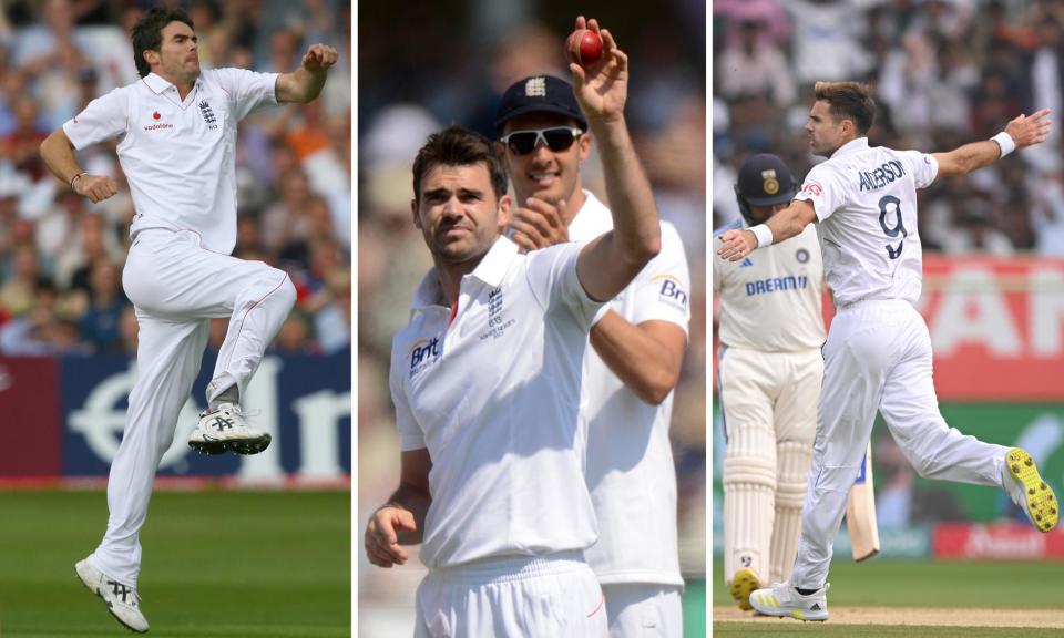 <span>(Left to right) Jimmy Anderson celebrates taking the wicket of Aaron Redmond in 2008, a five-fer in the first Ashes Test of 2013 and bowling Rohit Sharma during the second Test against India in February 2024.</span><span>Composite: Getty Images; Reuters</span>