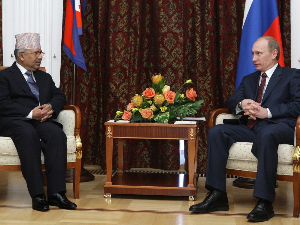 Russian Prime Minister Vladimir Putin meets with Nepal's then-Prime Minister Madhav Kumar Nepal in 2010