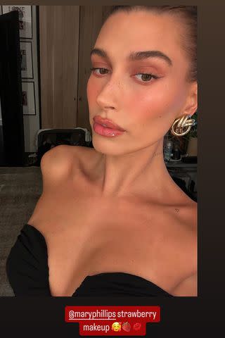 <p>Hailey Bieber/Instagram</p> Bieber shared a selfie of "strawberry make-up" look for the occasion
