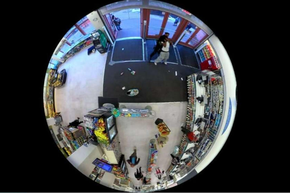 This April 27, 2023, surveillance video image provided by the San Francisco District Attorney's Office, and flipped for clarity, shows an altercation between Walgreens security guard Michael Earl-Wayne Anthony and shoplifter Banko Brown, top right, that preceded Anthony fatally shooting Brown outside the store, in San Francisco. San Francisco District Attorney Brooke Jenkins released the video and other evidence Monday, May 15, saying again that she will not file charges against the guard. (Courtesy of the San Francisco District Attorney's Office via AP)