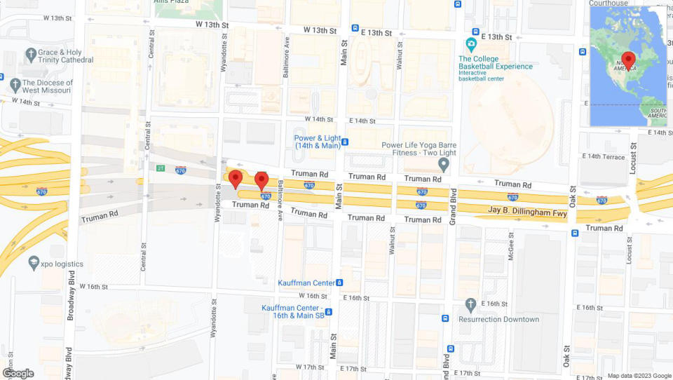 A detailed map that shows the affected road due to 'Broken down vehicle on eastbound I-670 in Kansas City' on December 15th at 3:45 p.m.