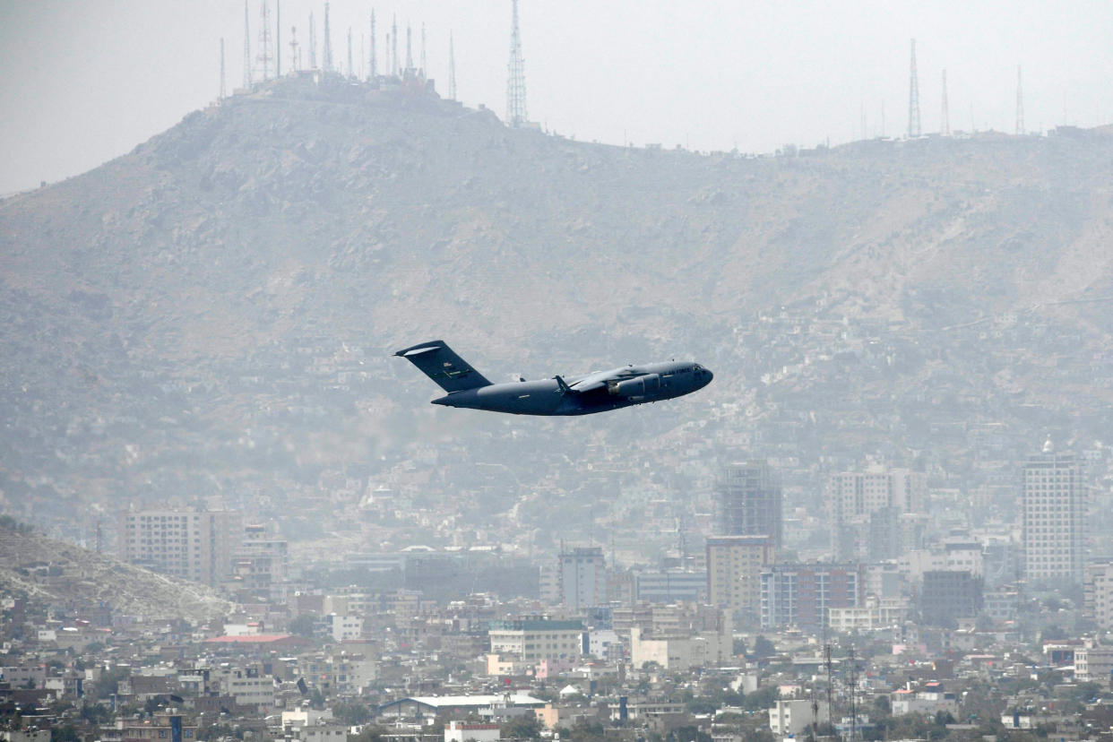A U.S. Air Force aircraft takes off from the airport in Kabul on Aug. 30, 2021. (Aamir Qureshi / AFP - Getty Images)