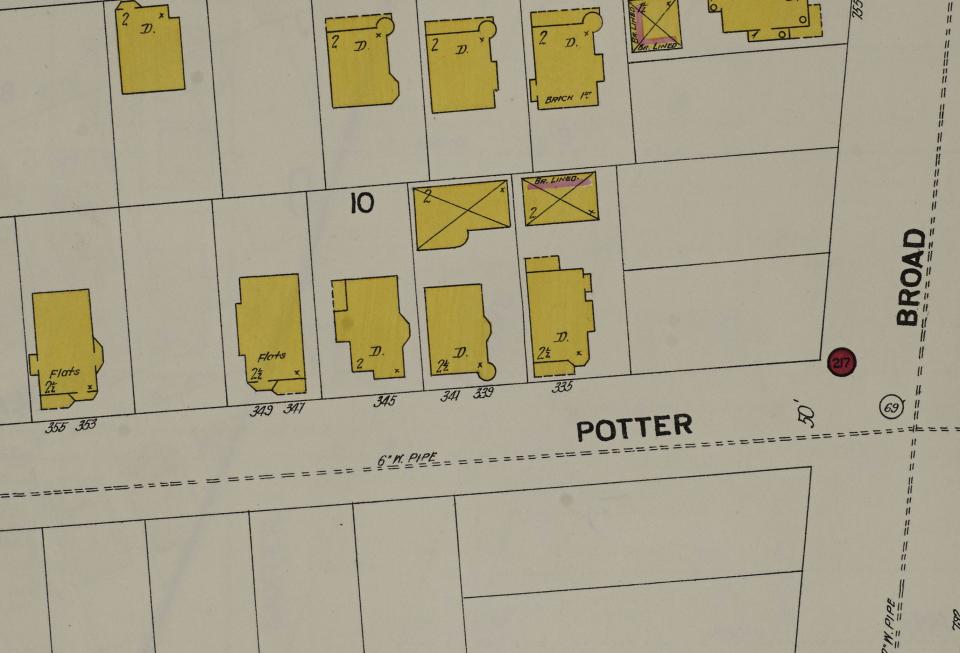 This 1900 fire insurance map, prepared by the Sanborn Map Company, shows 347-349 Potters Ave. and 353-355 Potters Ave. as 2½-story residences at the left. The street name evolved from Potter to Potter's to Potters, as it is known today.