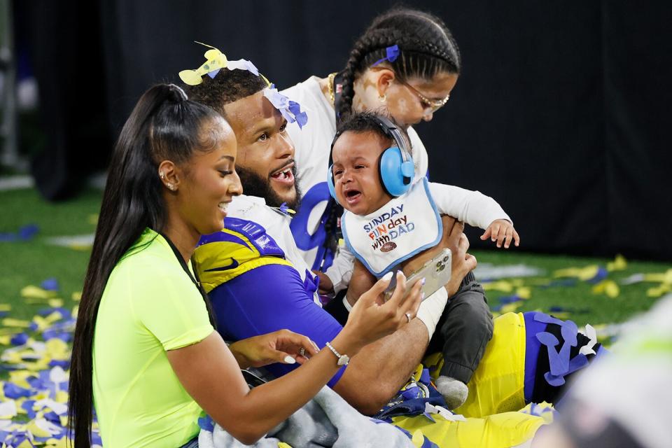 Aaron Donald #99 of the Los Angeles Rams celebrates after defeating the Cincinnati Bengals during Super Bowl LVI at SoFi Stadium on February 13, 2022 in Inglewood, California. The Los Angeles Rams defeated the Cincinnati Bengals 23-20.