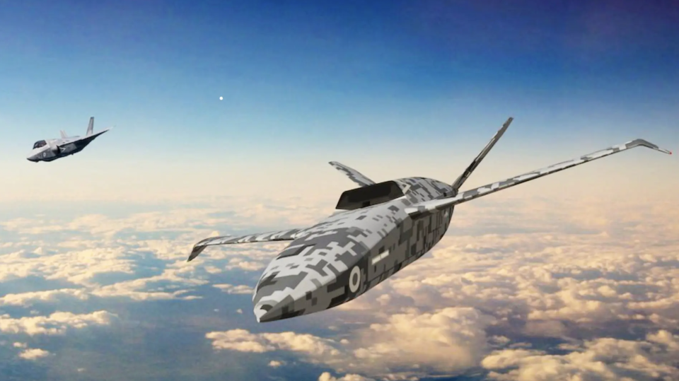 Digitally generated concept artwork of a British loyal wingman design flying alongside an F-35B, thought to represent the Project Mosquito technology demonstrator or a follow-on production version. <em>U.K. Ministry of Defense</em>