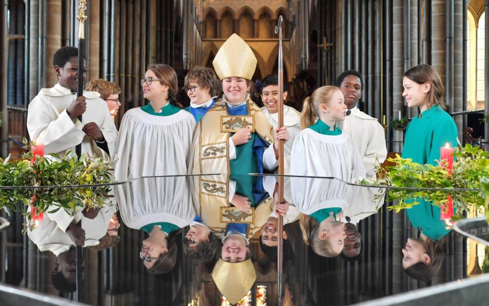 Isabel Moss and her attendants at the cathedral on Sunday - ZacharyCulpin/BNPS