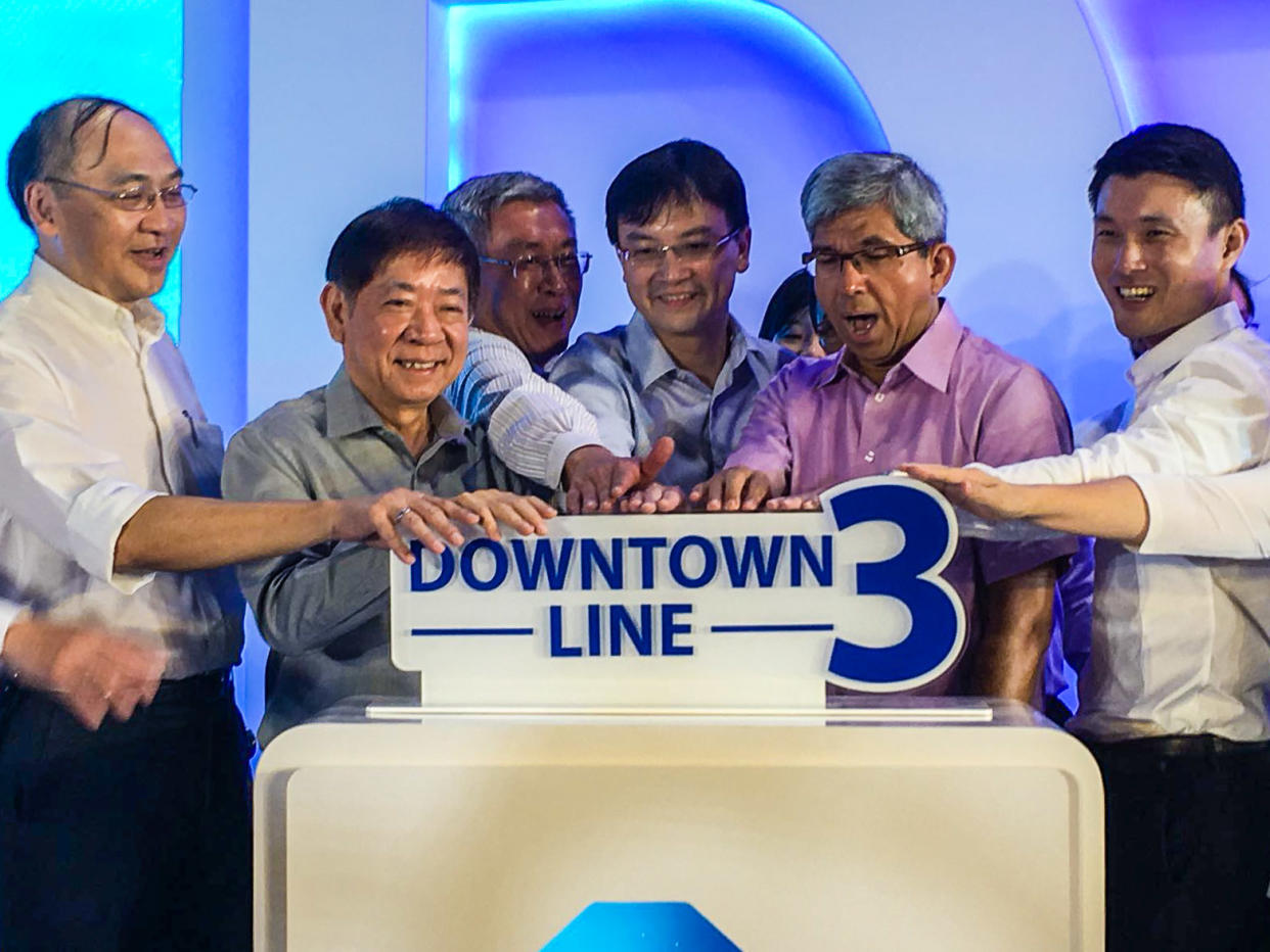 Transport Minister Khaw Boon Wan (second from left) and other officials at the official launch of Downtown Line 3 on Friday, 20 October 2017. (PHOTO: Gabriel Choo/Yahoo News Singapore)