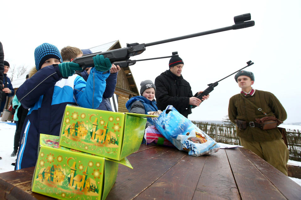 People shoot air rifles Goroshki, Belarus