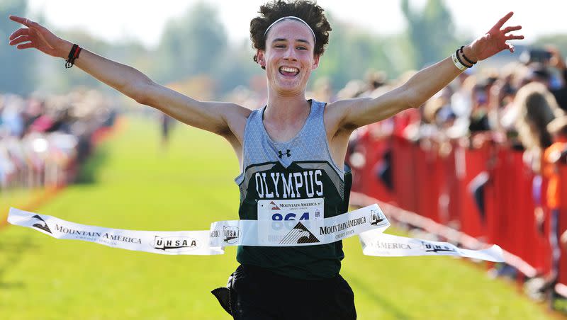 JoJo Jourdon of Olympus wins the boys 5A cross-country state championship race at the Regional Athletic Complex in Rose Park on Tuesday, Oct. 24, 2023.