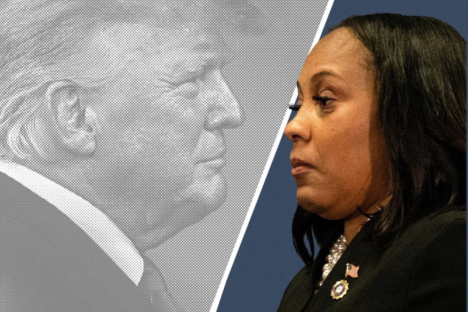 Illustrated to make them appear to be facing off, Donald Trump looks serious on the left and Fani Willis looks angry on the right. 