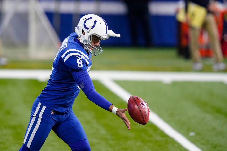 Punter Rigoberto Sanchez (8) has also been the kickoff man and holder for the Indianapolis Colts for four seasons.