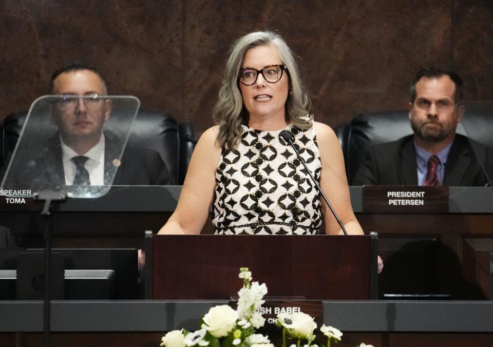 Arizona Gov. Katie Hobbs gives her State of the State speech to start the 2024 legislative session in Phoenix on Jan. 8, 2024.