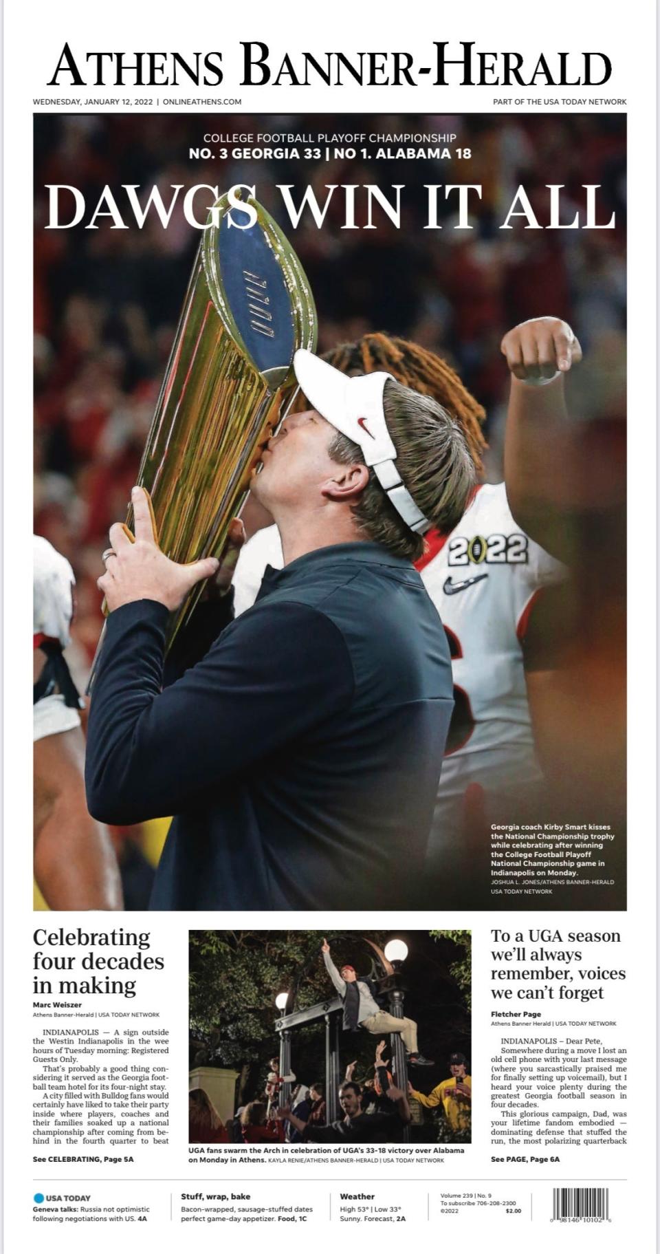 The cover of the Wednesday, Jan. 12 Georgia football national championship edition.