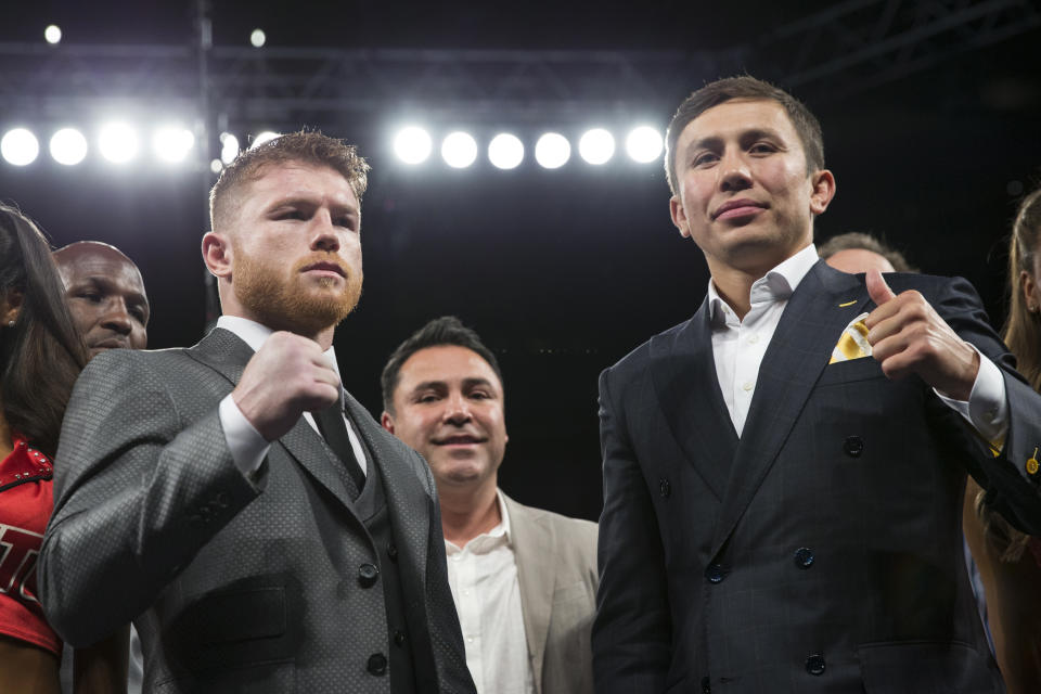 Gennady Golovkin, right, has been eyeing a fight with Canelo Alvarez for three years. (AP).