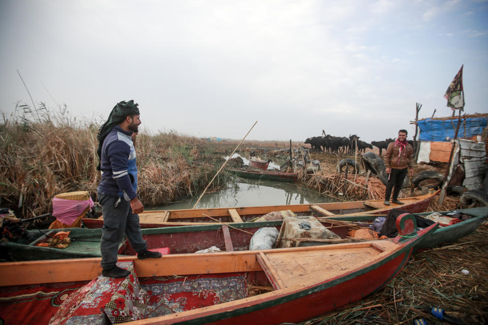 Fishermen prepare to head out into the Chibayish marshes of southern Iraq, in Dhi Qar province, Iraq,, Friday, Nov. 18, 2022. (AP Photo Anmar Khalil)