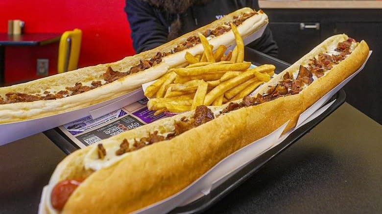 Adam Moran, Beard Meats Food, at The Four-Foot Hot Dog Challenge at Doogie's in Newington, Connecticut