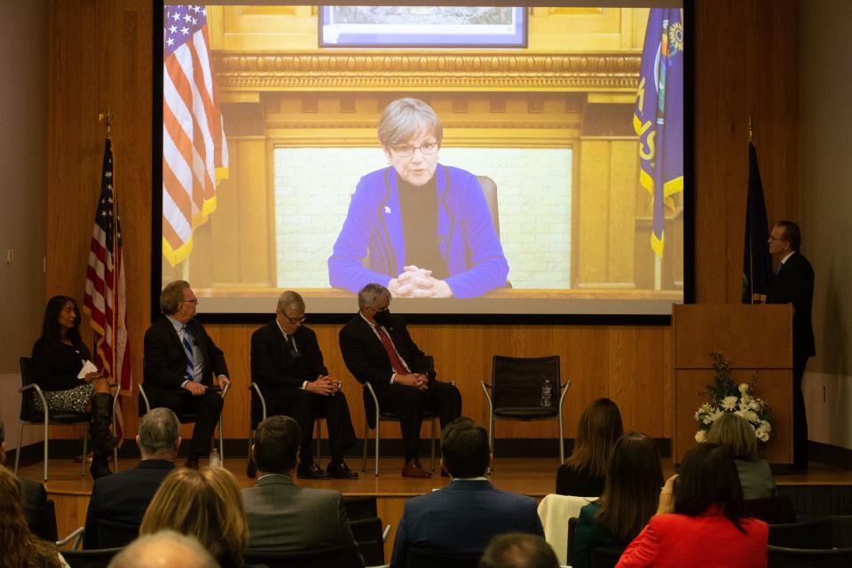 Gov. Laura Kelly gives video remarks Tuesday to celebrate the University of Kansas Cancer Center, which received a "comprehensive" designation from the National Cancer Institute this summer.