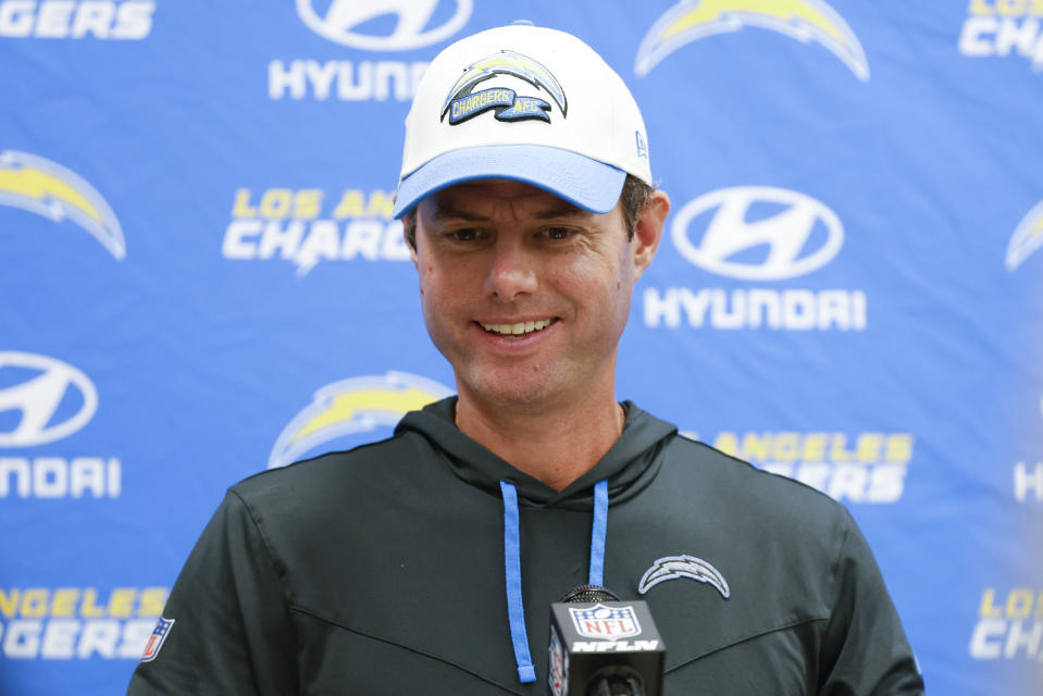 Los Angeles Chargers head coach Brandon Staley takes questions during the news conference after an NFL football game between the Cleveland Browns and the Los Angeles Chargers, Sunday, Oct. 9, 2022, in Cleveland. The Browns lost 30-28. (AP Photo/Ron Schwane)