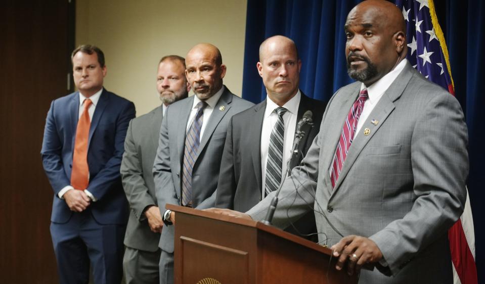 July 8, 2023; Columbus, Ohio, USA; Kenneth L. Parker, United States Attorney for the Southern District of Ohio, announces a third arrest stemming from the July 6, 2023 shootout with Columbus Police. Beside him is (from left) Assistant US Attorney Noah Litton, US Deputy Marshal Dan Deville,  US Marshal Michael Black,  ATF Special Agent in Charge Daryl S. McCormick. The news conference was held Saturday, July 8 at the US Attorney's office for the Southern District of Ohio.   Mandatory Credit: Doral Chenoweth-The Columbus Dispatch