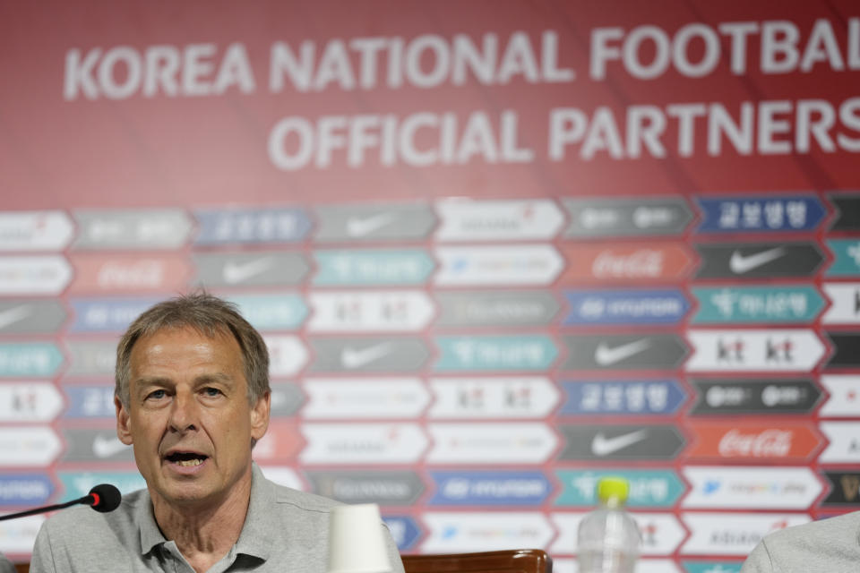 FILE - South Korea's national soccer team head coach Jurgen Klinsmann speaks during a news conference in Seoul, South Korea, Thursday, June 22, 2023. Jurgen Klinsmann is still looking for his first win as coach of South Korea’s national soccer team after a late goal gave El Salvador a 1-1 draw. The former United States coach was appointed in February. (AP Photo/Lee Jin-man, File)