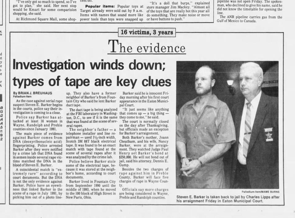 A Palladium-Item story from 1993 shows Steven Barker in court.