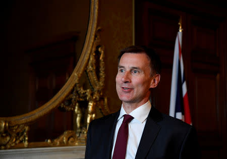 FILE PHOTO: Britain's Foreign Secretary Jeremy Hunt speaks with Reuters at the Foreign Office in London, Britain May 7, 2019. REUTERS/Toby Melville/File Photo