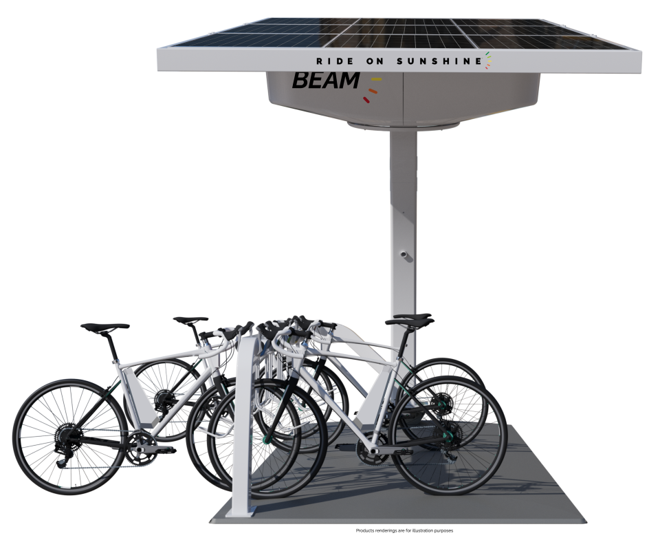 BeamBike™ charges up to 12 ebikes on an off-grid, transportable charging platform that is deployed in minutes