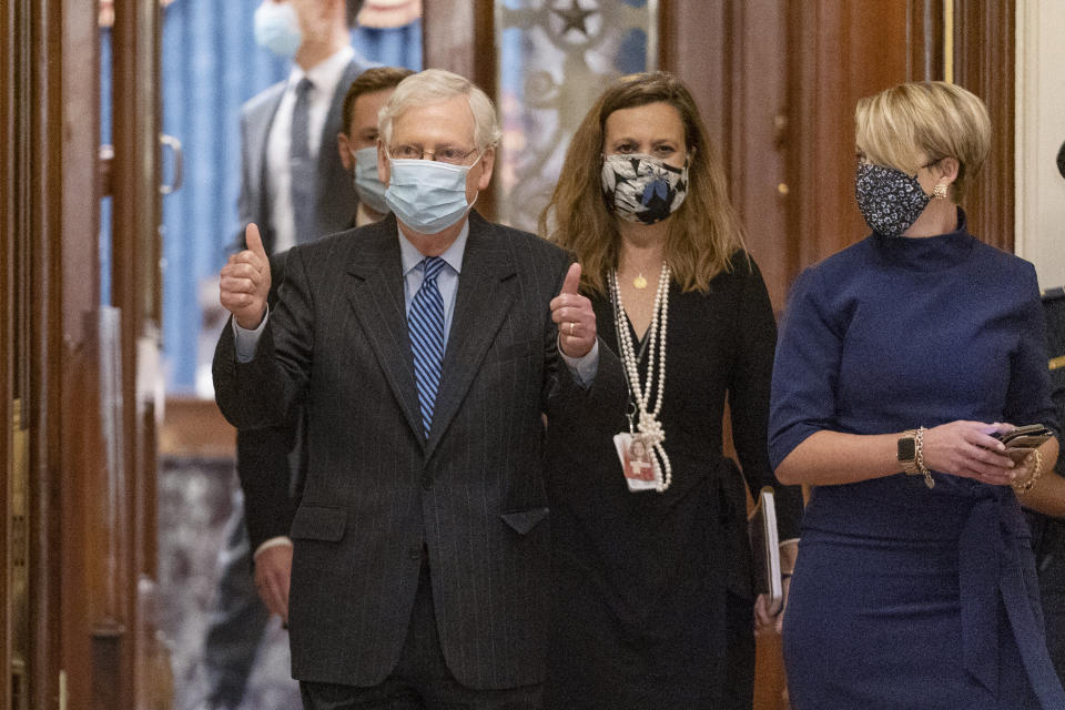 Amy McGrath has hammered Sen. Mitch McConnell in the closing weeks of the Kentucky Senate race for adjourning the Senate after Amy Coney Barrett's Supreme Court confirmation without holding a vote on a new COVID-19 economic relief package. (Photo: AP Photo/Manuel Balce Ceneta)