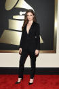 <p>Borrowed from the boys! Anna Kendrick, whose style’s usually more sweet, tried something different in a black suit from Band of Outsiders.</p>